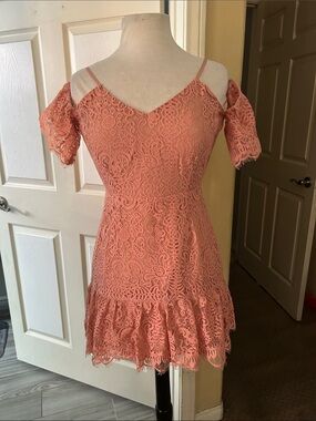 Cold-Shoulder Coral Lace Mini Dress with Ruffle Hem